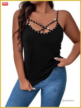 Plus Size Rhinestone Crisscross Spaghetti Strap Cami Top